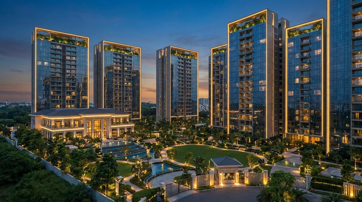 Modern luxury residential high-rise community illuminated at dusk
