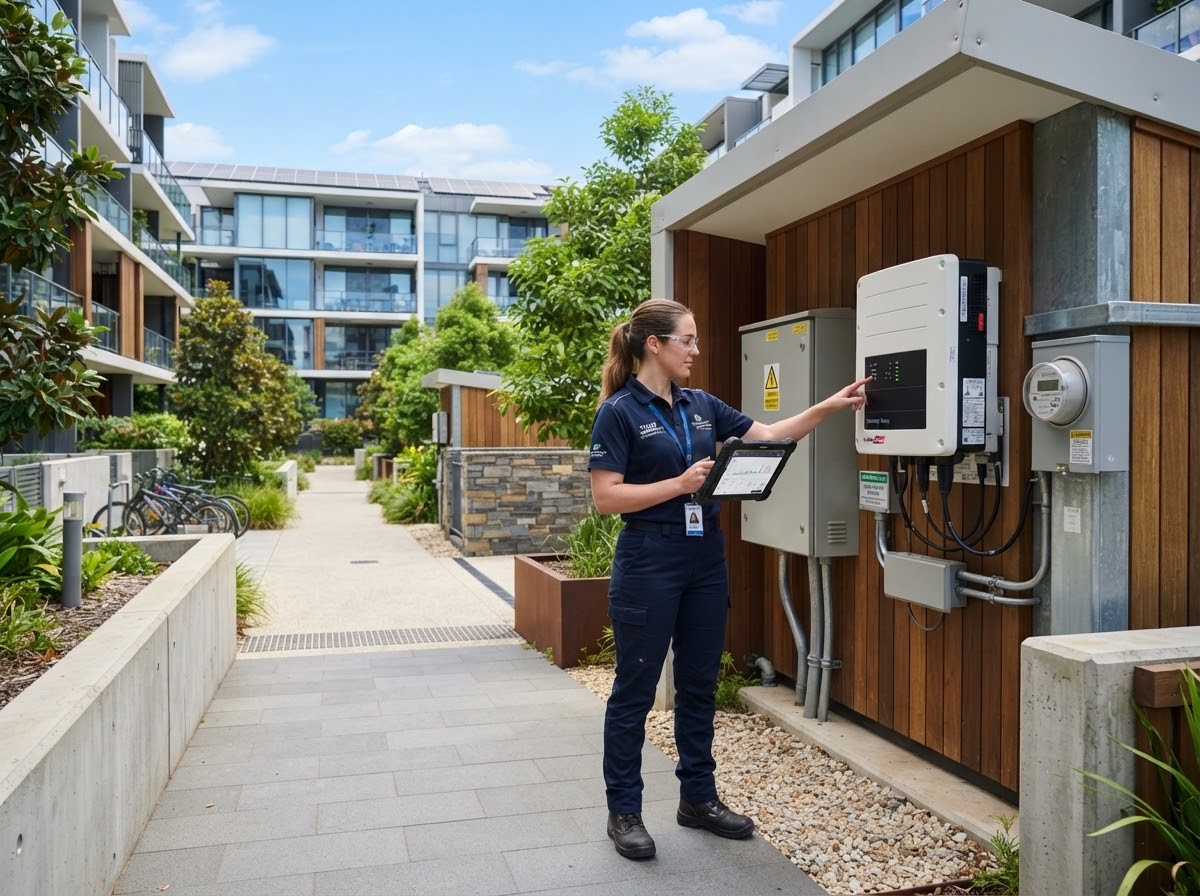 Community maintenance technician inspecting solar inverter and electrical substation with digital tablet