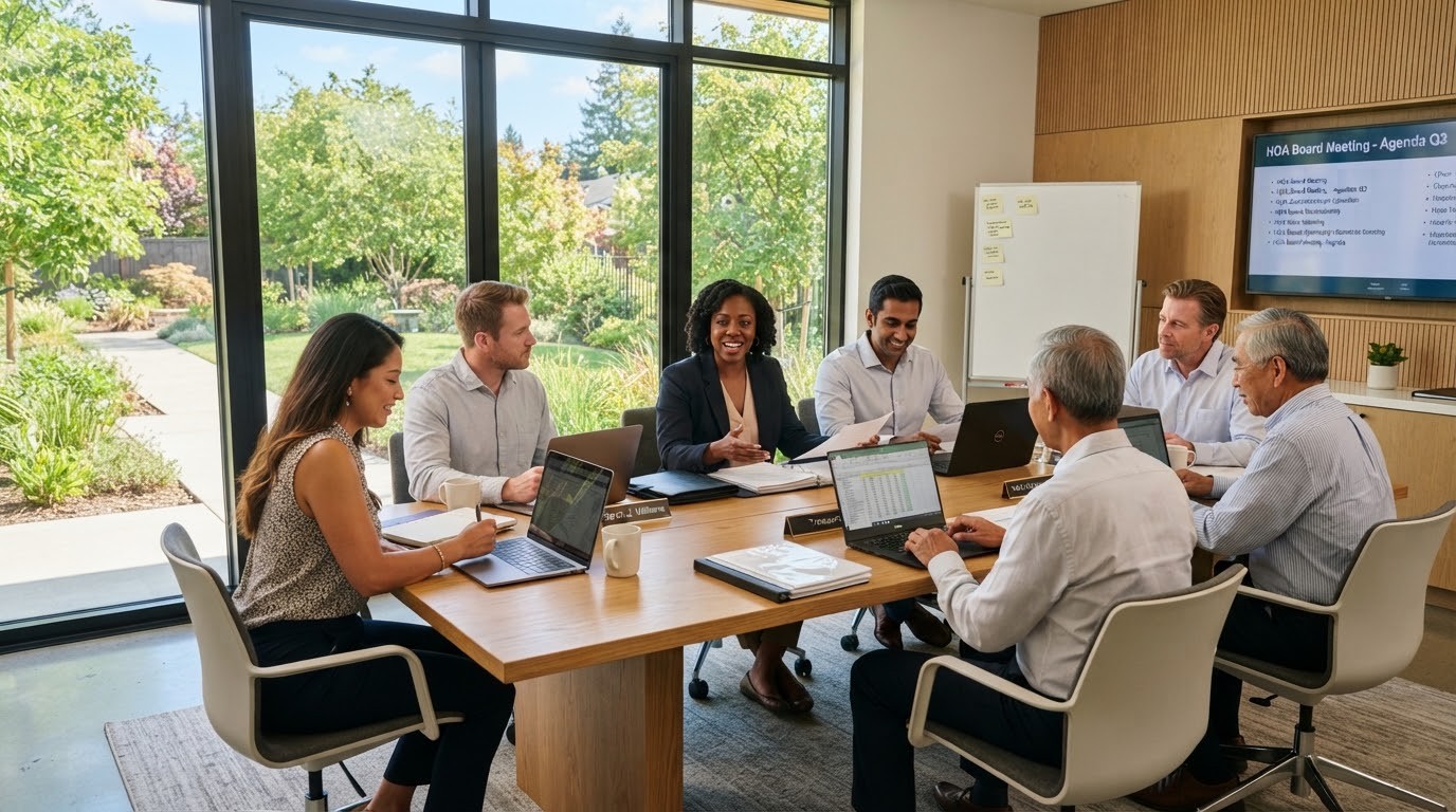 Executive committee board and trustees collaborating around conference table