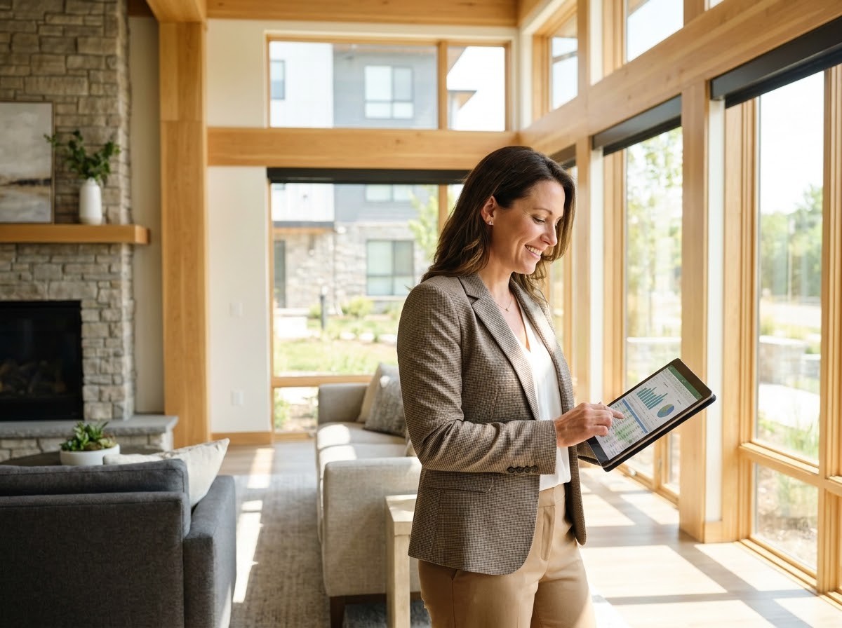 Professional community estate manager or board trustee reviewing community maintenance and financials on iPad