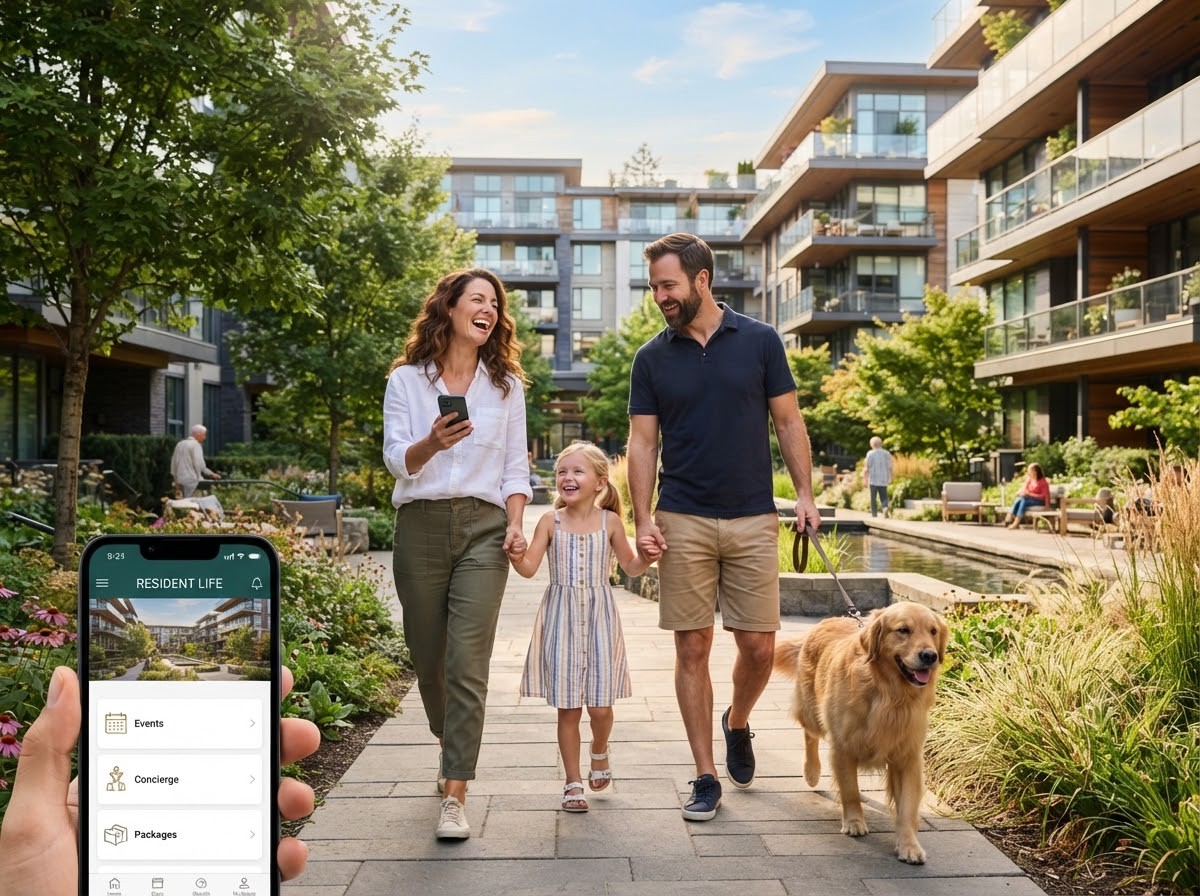 Happy family walking with golden retriever through sunny luxury modern residential apartment community courtyard checking resident app