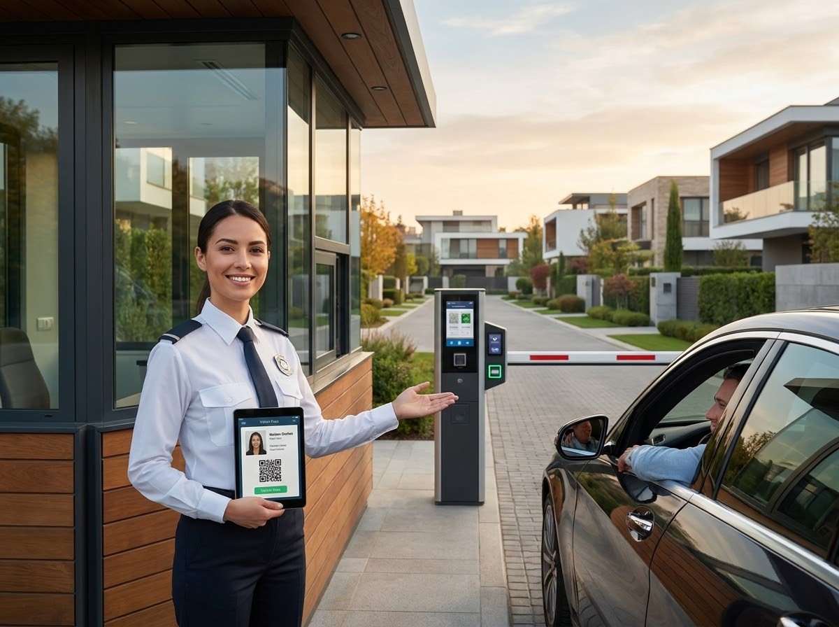 Modern friendly security guard at barrier gate with digital tablet